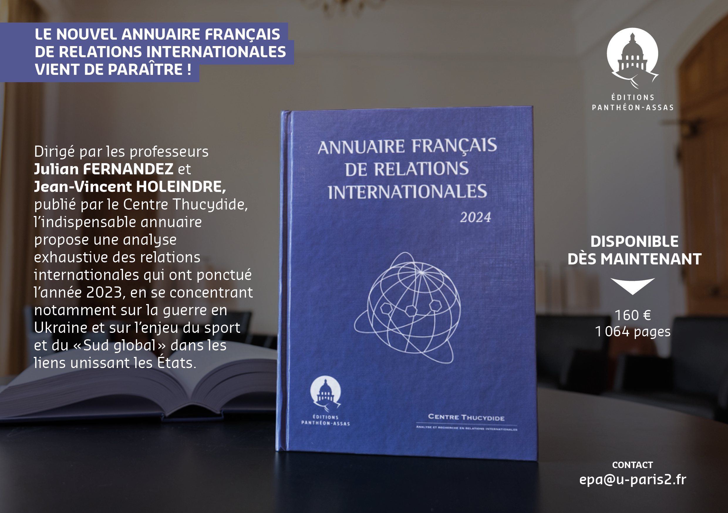 Flyer promotionnel de l'Annuaire français de relations internationales 2024 de Julian Fernandez et Jean-Vincent Holeindre du Centre Thucydide