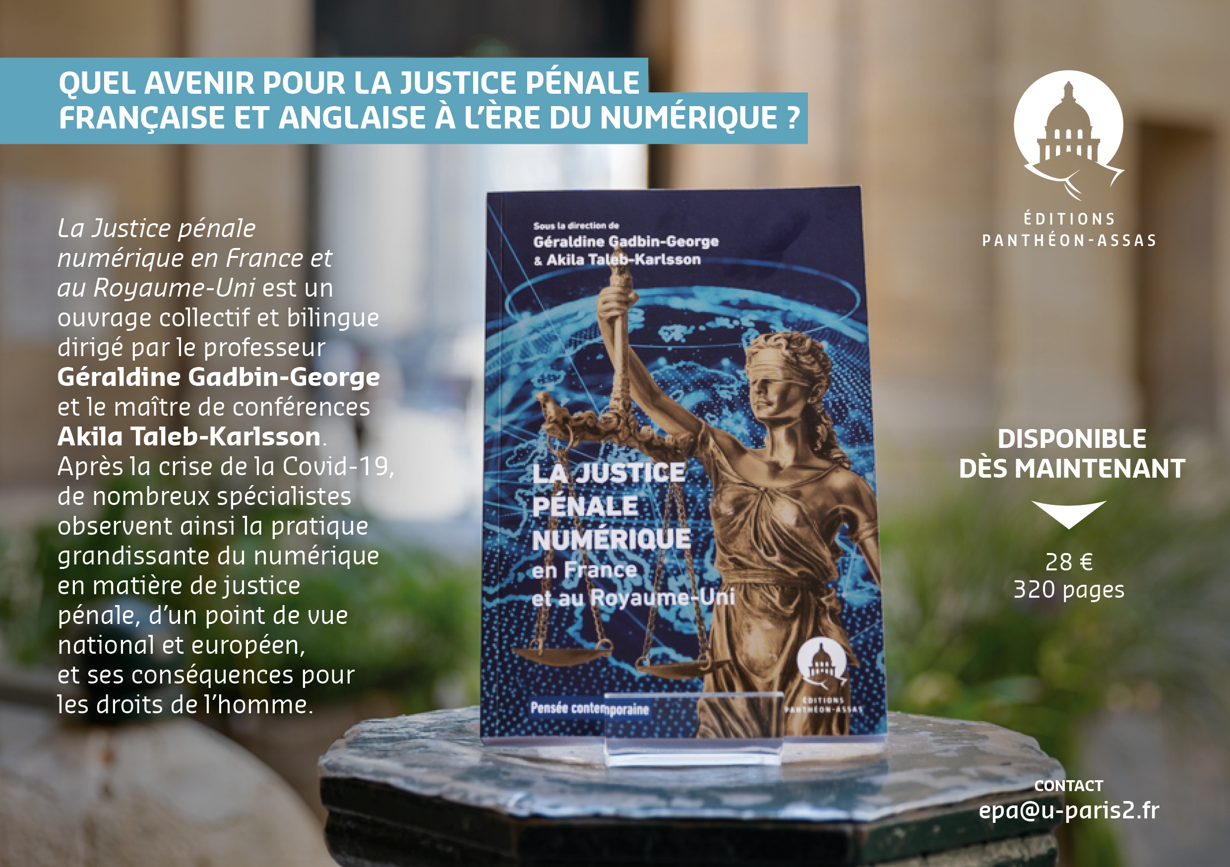Flyer promotionnel de l'ouvrage La Justice pénale numérique en France et au Royaume-Uni dirigé par Géraldine Gadbin-George et Akila Taleb-Karlsson