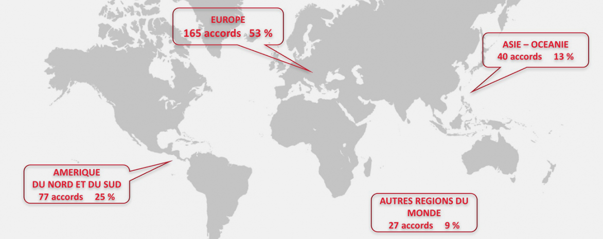 infographie représentant les accords de coopération de l'université Panthéon-Assas aves des univesrsités internationales